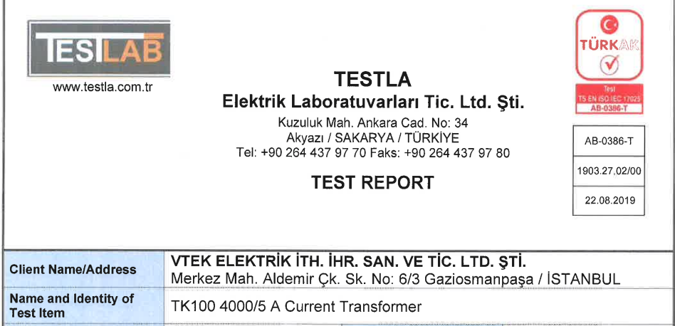 TK 100 Current Transformer Certification